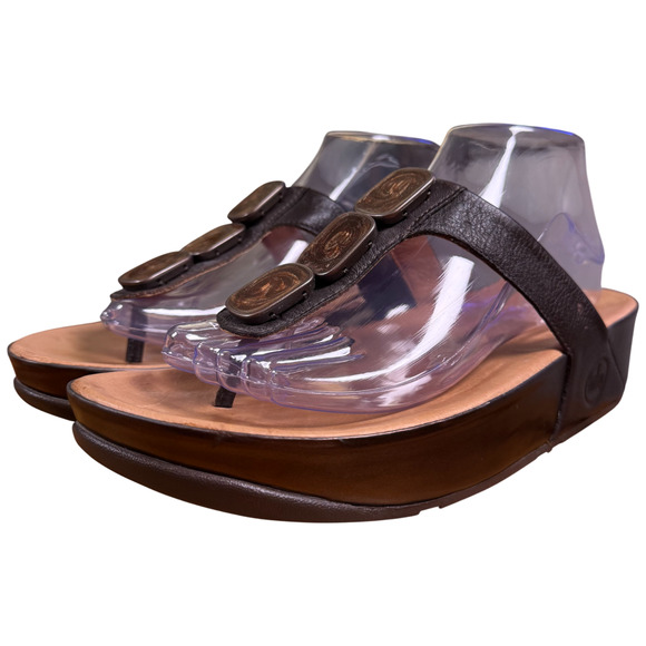 Fitflop Pietra Sandals Women 41/US9 Brown Jeweled Leather Thong Slides Comfort - Picture 3 of 16